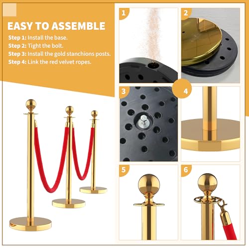 6 Pack Stanchions Set with 4 Velvet Ropes, Stainless Steel Crowd Control Barriers for Party, Wedding, Event Supplies – Gold - size: with Red Carpet