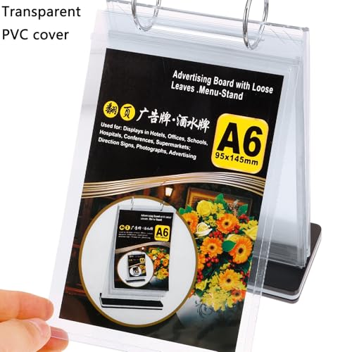 2Pcs Table Flip Menu Holder with 6 Pages Sleeve, 4" X 6" Tabletop Sign Signage Vertical Display Stand with Base, Acrylic PVC Rotating Poster Binders Rack, for Photo, Restaurant, Bar, Job Fair