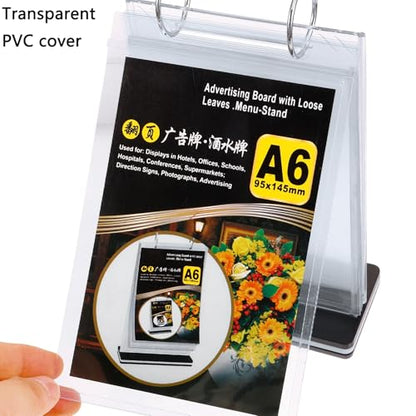 2Pcs Table Flip Menu Holder with 6 Pages Sleeve, 4" X 6" Tabletop Sign Signage Vertical Display Stand with Base, Acrylic PVC Rotating Poster Binders Rack, for Photo, Restaurant, Bar, Job Fair