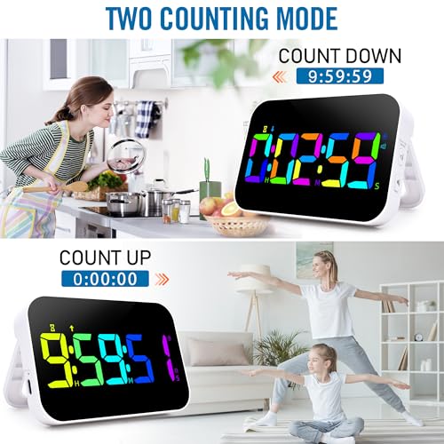 Kitchen Timer （1.5" Number） 10 RGB Color Changing Digital Magnetic Timer, Countdown/Up, Rechargeabilit, 3 Brightness Display, 3 Volume Levels and Vibration Mode, for Classroom, Study, Fitness - color: 5''rgb Charge