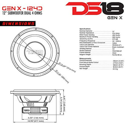 DS18 GEN-X124D Subwoofer in Black - 4 Layer Black Aluminum Voice Coil, 12", 900W Max Power, 450W RMS, Dual 4 Ohms - Powerful Car Audio Bass Speaker (1 Speaker) - style: 12-Inch
