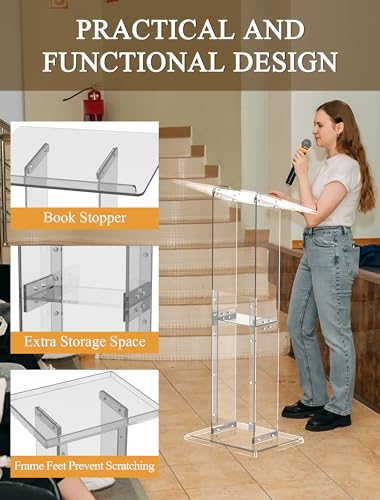 Acrylic Podium Stand with Storage Shelf, 45.5" Modern Clear Lectern with Reading Platform for Classroom, Weddings, Conference, Concert, Professional Presentation Podiums - color: White