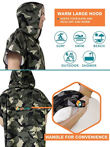 SUN CUBE Surf Poncho Changing Robe with Hood, Wetsuit Changing Hooded Towel | Thick Quick Dry Microfiber, Wetsuit Changing Towel, Surfing Beach Swim Outdoor Sports Cover Up, Adult Wearable Poncho - color: Camo Green