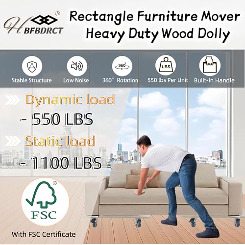 Furniture Dolly 4 Wheels, Furniture Movers, 2 Packs 2200 lb Load Capacity Heavy Duty Real Wood Dolly, Multifunctional Moving cart with 4 Soft Rubber Silent Wheels （2 with Brake+ 2 Without） - size: Real Wood Dolly with Brake Wheels