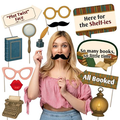 Book Club Photo Booth Props & Literary Party Decorations, Fun Supplies for Reading Groups - 20pcs