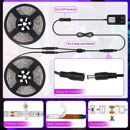 LightingWill LED UV Black Light Strip Kit, Ultraviolet Waterproof IP65 32.8FT/10M 3528 600LEDs, 395nm-405nm Blacklight for DJ Bar Club Party Decor Night Fishing with 12V Power Supply - size: 12V 60W Waterproof - 33 ft