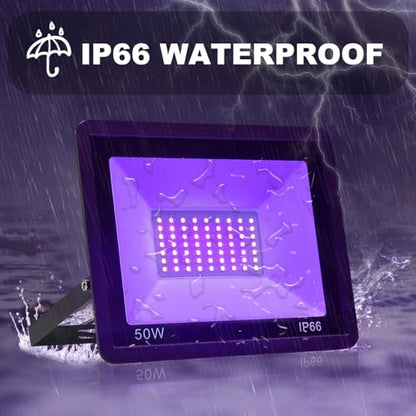 2 Pack 50W LED Black Lights, Flood Blacklight with Plug, IP66 Waterproof Outdoor UV Spotlight for Dance Party Large Space, Glow in The Dark, Halloween Lamp - size: 2 Pack-50W