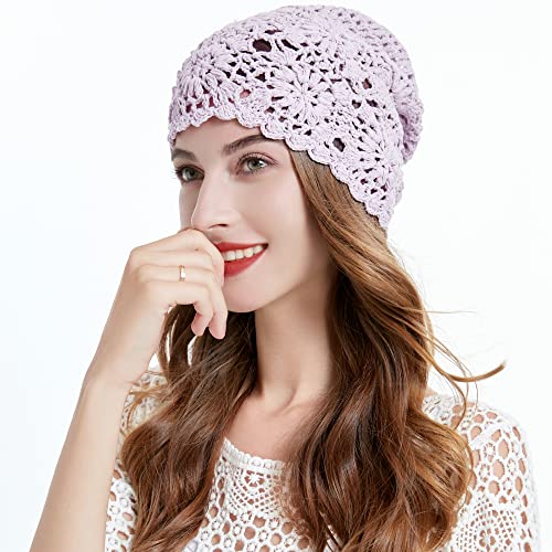 ZLYC Women Cotton Crochet Slouchy Beanie Hat Handmade Knit Summer Skull Cap | Lightweight breathable,boho casual chic look,travel photos festival party,café commute daily wear,beach concert gathering - color: Solid Purple
