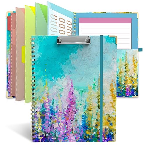 Clipboard Folio with Notepad for Letter Size (11" x 8.5"), 5 Extra Folders with Storage 10 Pockets, 39 File Folder Labels, Elastic Closure Spiral Clipboard with Storage(Purple Oil Painting) - color: Purple Oil Painting