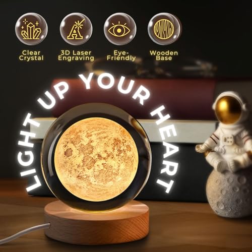 Flexzion 3D Moon Crystal Ball Lamp, 3.15 inch (80mm), USB Night Light | Moon Lamp with Solid Beech Wood Base and Adjustable Brightness for Bedrooms, Nightstands, Desks, Shelves and Room Decor - size: 3.15 inch (80mm), style: Moon