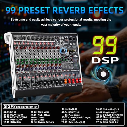 12 Channel Audio Mixer Professional Sound Mixing Board with 99 DSP Effects, 7-band EQ Digital DJ Mixer Console w/USB Bluetooth MP3 for Recording, Independent 48V Power & Mute Button - size: 12 Channel - 17.9inch