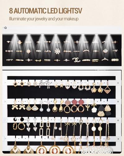 Hzuaneri 8 LEDs Jewelry Cabinet Armoire, 66.9-inch Jewelry Organizer - color: White and Black