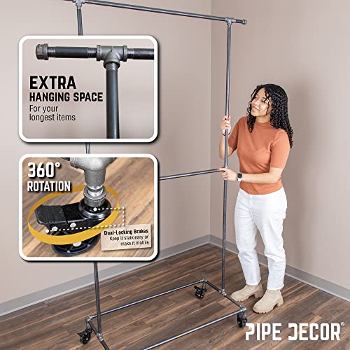 PIPE DECOR 39” x 20 ¼” x 82” Rolling Steel Pipe Double Rod Clothing Rack, Commercial or Residential Industrial Clothes Display, Heavy Duty Black Steel Metal Wheeled Garment Frame - size: 39 in. x 82 in.