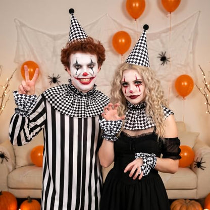 Clown Neck Ruffle Collar Cuffs Hat Set Detachable Halloween Clown Costume Accessories for Women - color: Black White Plaid
