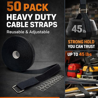 1" x 32ft Heavy Duty Hook and Loop Cinch Straps, 50 Metal Buckles | Cut to any length for a custom fit, reusable nylon material secures cords, hoses, tools and gear for neat, organized storage.