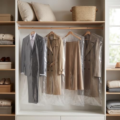 100 Pcs 60 Inch Clear Plastic Hanging Garment Bags | Dry Cleaner Laundry Bags Dust-Proof Hanging Clothes Storage for Long Dresses Skirt Coat Suit Shirt Jacket