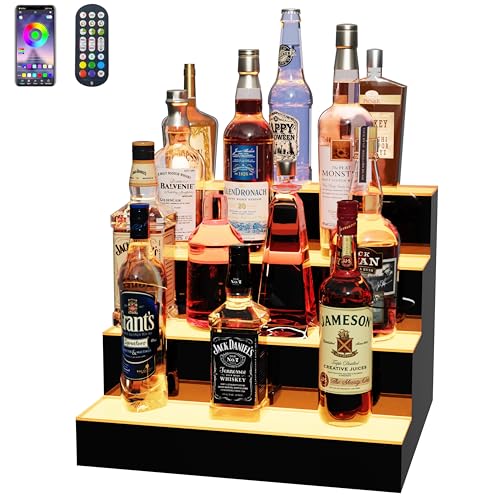 MESAlLUP 16 Inch 4 Tier Lighted Liquor Bottle Display Shelf, LED Bar Shelves with Remote Control, Mulit Color Lighting for Home Mini Bars Decor, Restaurants & Party Use, Acrylic Stand - size: 4 Tier 16 Inches