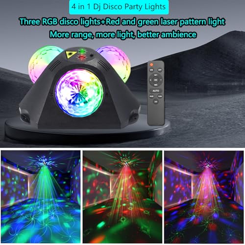 Yinpkteo 4 in 1 Disco Ball DJ Party Lights, 3 RGB Disco Lights+Red and Green Pattern Lamp Strobe Lighting for Home Room Dance Parties Birthday Karaoke Halloween Christmas Wedding Show Club Decorations