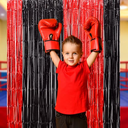 LOLStar Casino Party Decorations, 3 Pack Red and Black Birthday Party Supplies 3.3 x 6.6ft Tinsel Foil Fringe Curtains Photo Booth Props Backdrop Streamers, Decor for Vegas Poker Party