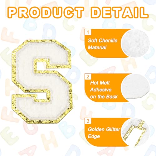 MECCANIXITY Chenille Letter Patches 3.1" Alphabet S Iron on Embroidered Patch Sew on Letter Stickers Applique for Repairing Clothing Jeans Shoes Hats DIY(White, Pack of 4) - style: Letter-S