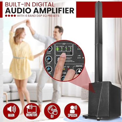 Pyle Portable PA System, 10" Subwoofer, 8x3 Column Drivers, Bluetooth Streaming, DSP EQ, 1600W Speaker System for Live Events, DJ Setup, and Sound Reinforcement
