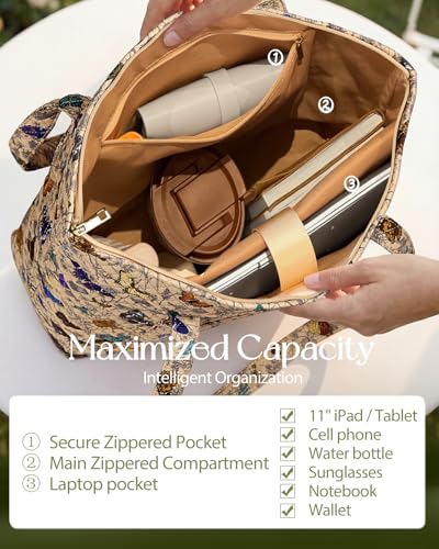 Miss Adola Quilted Shoulder Tote Bag with Zipper for Women | Multi-Pocket Storage, Quilted Cotton Texture, Large Capacity, Top Zipper Closure, 16 Inch Laptop Fit, Work Travel Teacher - color: Butterfly Line