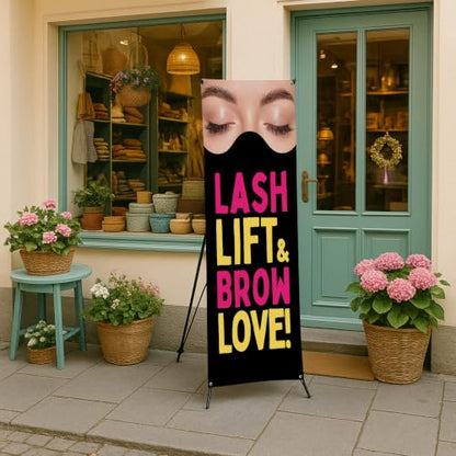 DreamController Lashes & Brows X-Stand Banner by DC | 30"x65" Tripod Display | Lash Lift Brow Love Vertical Banner for Trade Shows & Events | Made in USA | (Stand Not Included) - color: Lash Lift Brow Love, size: X Banner - 30x65"
