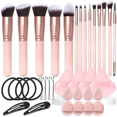 36 Pcs Makeup Brushes Set, 14 Premium Synthetic Face and Eye Brushes with Blender Sponges, Triangle Powder Puffs & Hair Clips, Professional Beauty Tool Kit for Foundation Blush Concealer, Pink
