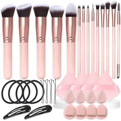 36 Pcs Makeup Brushes Set, 14 Premium Synthetic Face and Eye Brushes with Blender Sponges, Triangle Powder Puffs & Hair Clips, Professional Beauty Tool Kit for Foundation Blush Concealer, Pink