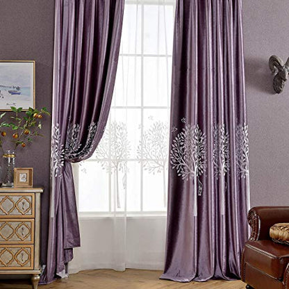 VOGOL Soft Flannel Trees Embroidered Grommet Curtains, Thermal Blackout Curtain Panels, Room Darkening Window Treatment for Living Room, 2 Pieces, W60 x L106 - color: Tree-purple