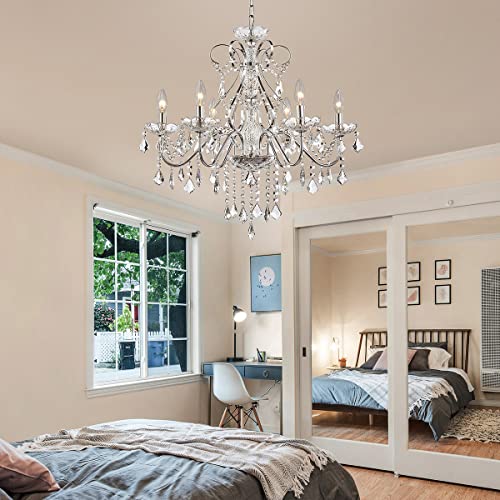 Saint Mossi 6 Light Crystal Chandelier Light Fixture Modern Chandelier Pendant Lighting, Chrome Pendant Raindrop Chandelier for Dining Room,Bedroom,Living Room,H23 x D24 - color: Chrome