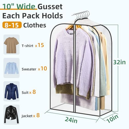 LANDNEOO 6 Pack Clear Garment Bags for Hanging Clothes with Zippers on Double Sides - 10'' Clothes Storage for Coat, Dress, and Fur in Closet - 32'' Long Suit Bags - size: 32 inch
