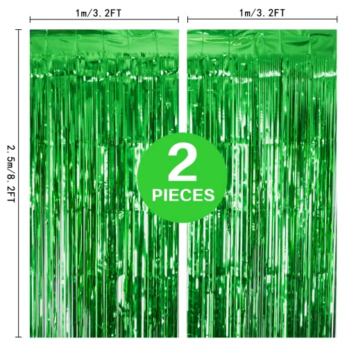 PIGETALE 2 Pack 3.2Ft x 8.2Ft Green Tinsel Curtain Party Backdrop | Metallic Tinsel Foil Fringe Curtains Photo Booth Props Background Christmas St Patrick’s Day Safari Tropical Decorations - color: Metallic Gren