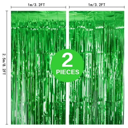 PIGETALE 2 Pack 3.2Ft x 8.2Ft Green Tinsel Curtain Party Backdrop | Metallic Tinsel Foil Fringe Curtains Photo Booth Props Background Christmas St Patrick’s Day Safari Tropical Decorations - color: Metallic Gren