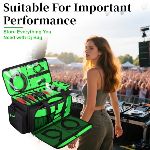 Large Dj Cable Bag with Detachable Dividers, Bottom Pad | Dj Bag for Equipment and Accessories with Laptop and Microphone Pocket, Dj Gig Bag for Musician, Professional, Travel, Green - color: Green, style: Dj Cable Bag