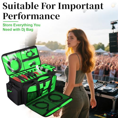 Large Dj Cable Bag with Detachable Dividers, Bottom Pad | Dj Bag for Equipment and Accessories with Laptop and Microphone Pocket, Dj Gig Bag for Musician, Professional, Travel, Green - color: Green, style: Dj Cable Bag