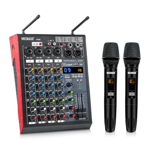 Audio Mixer with Wireless Microphones, 4 Channel Karaoke Sound Music Mixer