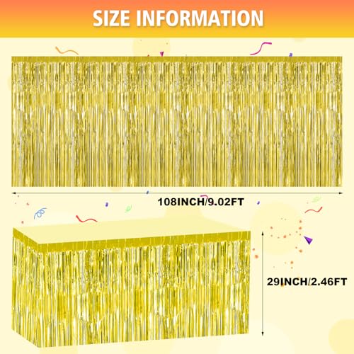 2 Pack 29.5x108 Inch Gold Foil Tinsel Fringe Table Skirts, Disposable Table Skirts for Rectangle Tables Curtains Backdrop Parade Wedding Floats Baby Shower Birthday Mardi Gras Party - color: Gold