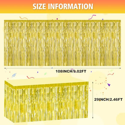 2 Pack 29.5x108 Inch Gold Foil Tinsel Fringe Table Skirts, Disposable Table Skirts for Rectangle Tables Curtains Backdrop Parade Wedding Floats Baby Shower Birthday Mardi Gras Party - color: Gold