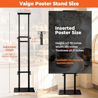 Heavy Duty Poster Stand, Adjustable Sign Holder Height Up to 80 inch, Double-Sided Display Stand for Board & Foam, Metal Sign Stand with Base for Wedding Restaurant Business, Black