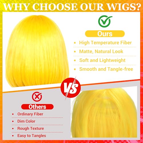 Short Bob Straight Hair Wigs with Bangs, Heat Resistant Fiber Hair, Heart-shaped Glasses for Women (Yelow) - color: Yelow