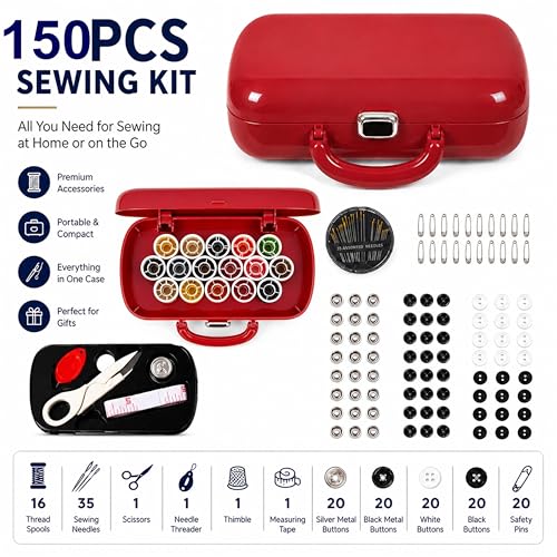150Pcs Red Sewing Project Kit, Travel Family Sewing Supplies Repair Kit Portable Small Traveler Sewing Kit Sewing Thread Accessories DIY Sewing Supplies Organizer (Red) - color: Red