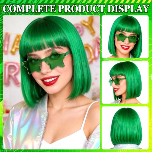 Short Bob Straight Hair Wigs with Bangs, Heat Resistant Fiber Hair, Star-shaped Glasses for Women (Green) - color: Green