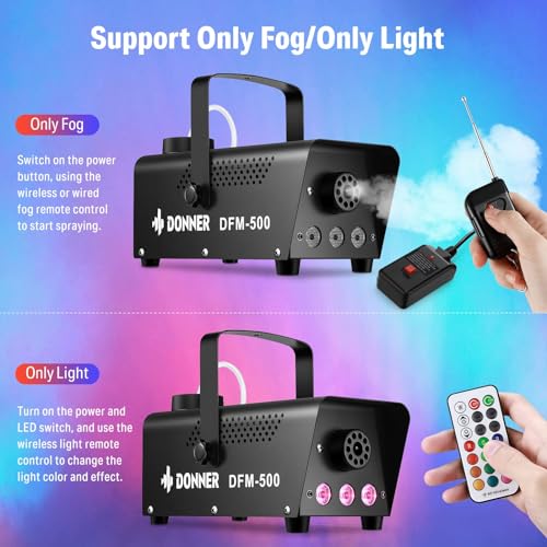 Donner Fog Machine with 13 Colors, 500W 2000CFM Party Smoke Machine with RGB LED Light, Indicate Light with 2 Wireless Remote Controls, Manual Spray Fog, for Halloween Festival Wedding Indoor Use
