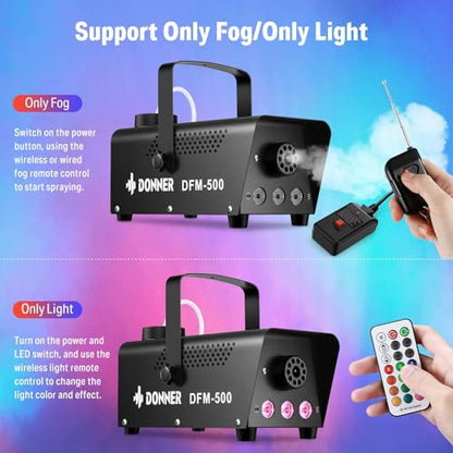 Donner Fog Machine with 13 Colors, 500W 2000CFM Party Smoke Machine with RGB LED Light, Indicate Light with 2 Wireless Remote Controls, Manual Spray Fog, for Halloween Festival Wedding Indoor Use