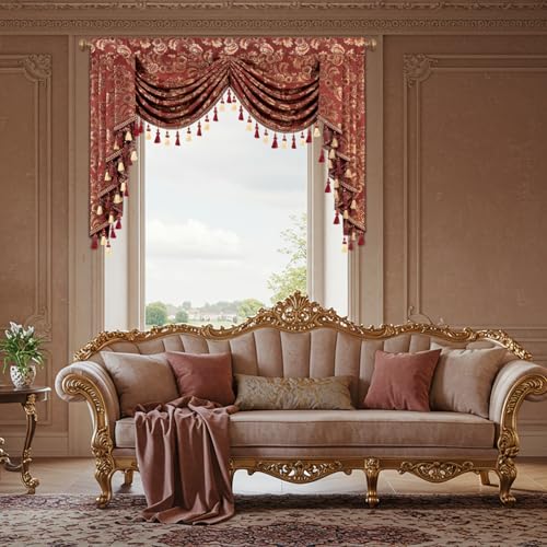Leeva Baroque Burgundy Waterfall Valance, 59-Inch Wide Jacquard Swag Valance with Damask Pattern, Beaded Tassel & Rod Pocket for Bedroom Living Room Windows - color: *Red, size: 59"W x 45"L (Pack of 1)