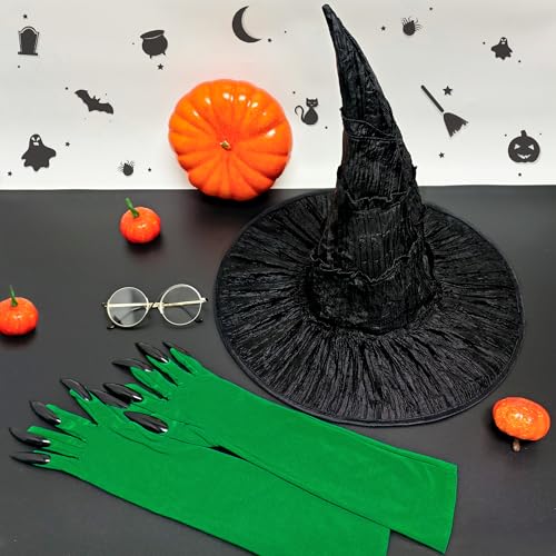Horolam Halloween Elphaba Costume Accessories, Witch Costume Hat with Glasses Green Gloves for Adult Women Cosplay Dress Up