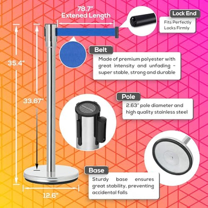 DuraSteel Chrome Crowd Control Barriers Stanchions with Retractable Belts - Metal Stanchion Posts w/ 6.5ft Blue Retractable Barrier Belt Ropes - Queue VIP Safety Line Dividers - Set of 2 Stantions - color: Blue Belt, style: Silver Stanchion 2 Pcs Set