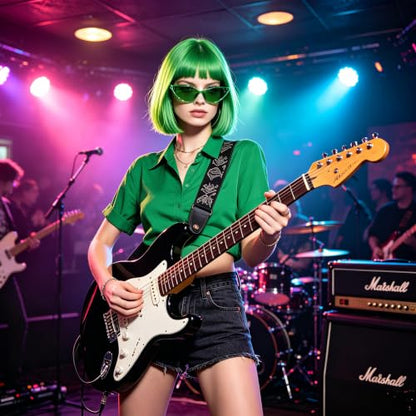 Short Bob Straight Hair Wigs with Bangs, Heat Resistant Fiber Hair, Cat Eye Glasses for Women (Green) - color: Green