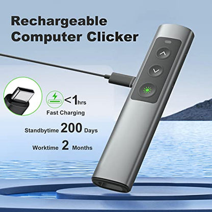 Metal Wireless Presentation Clicker, 2-in-1 USB Type-C Dual Receiver | Rechargeable PowerPoint Remote with Green Laser Pointer, Works for Mac Windows Linux, Laptop, Google Slides Keynote - style: Metal Rechargeable 02 Green Light